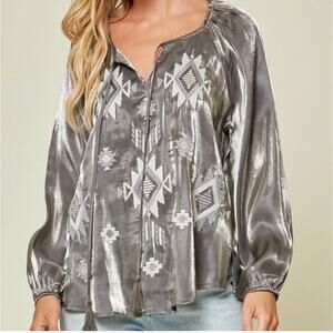 Savanna Jane Metallic Night Silver Embroidery Top Western Cowgirl Women's Large